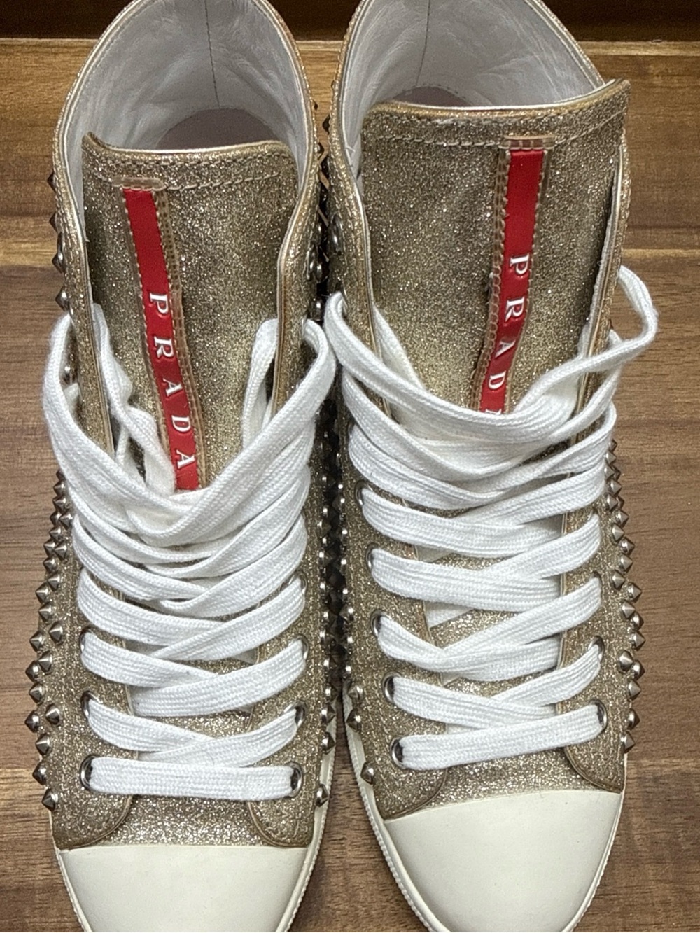 Prada Silver Glitter Studded High-Top Sneakers - Picture 2 of 6